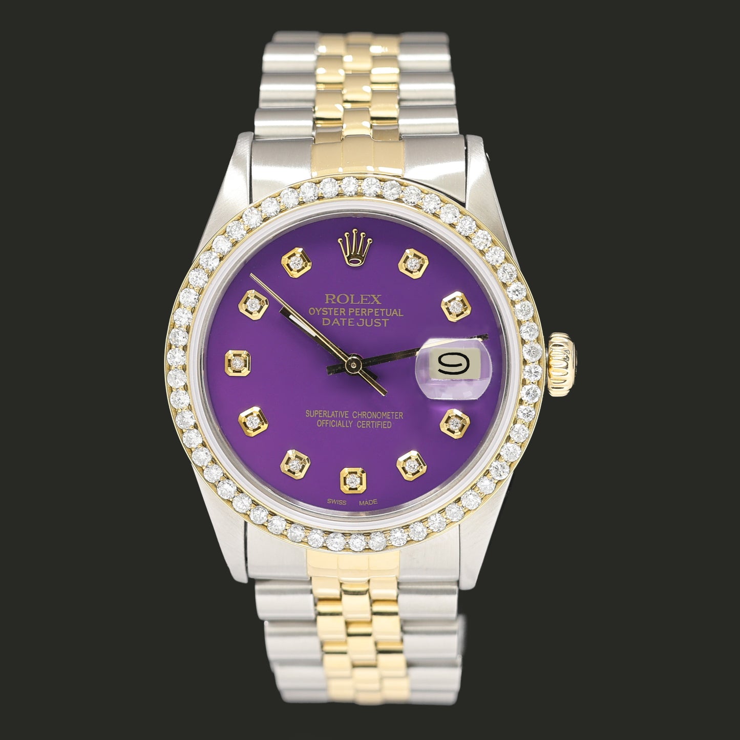 Rolex DateJust 16013 Purple Diamond Bezel Two Tone Yellow Gold Jubilee Band Watch Box