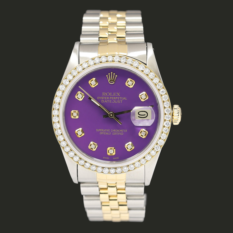 Rolex DateJust 16013 Purple Diamond Bezel Two Tone Yellow Gold Jubilee Band Watch Box