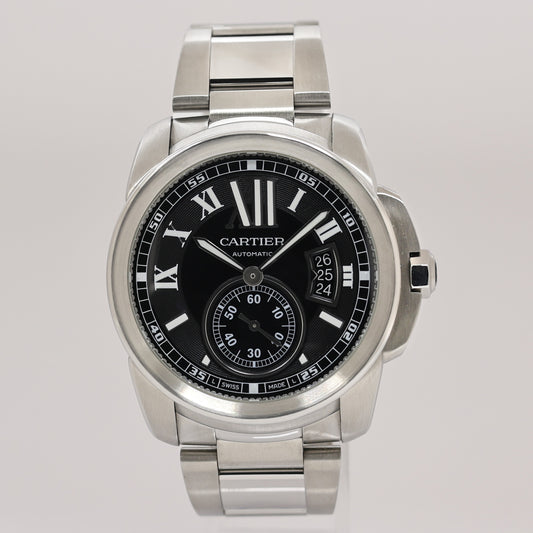 MINT Cartier Calibre de Cartier Steel 42mm Black Roman W7100016 Watch Box