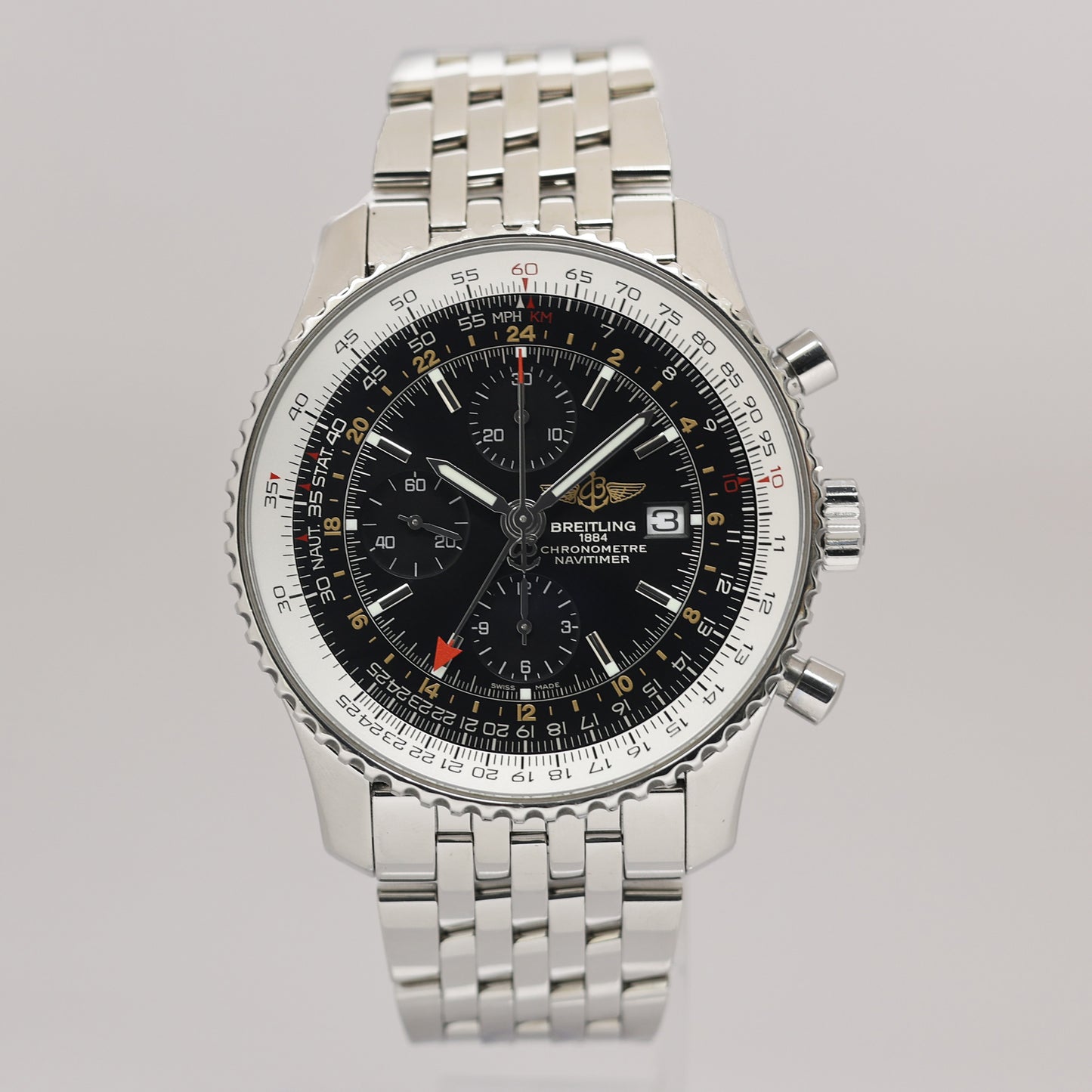 PAPERS Breitling Navitimer World A24322 46mm Black Steel Chrono GMT Watch Box
