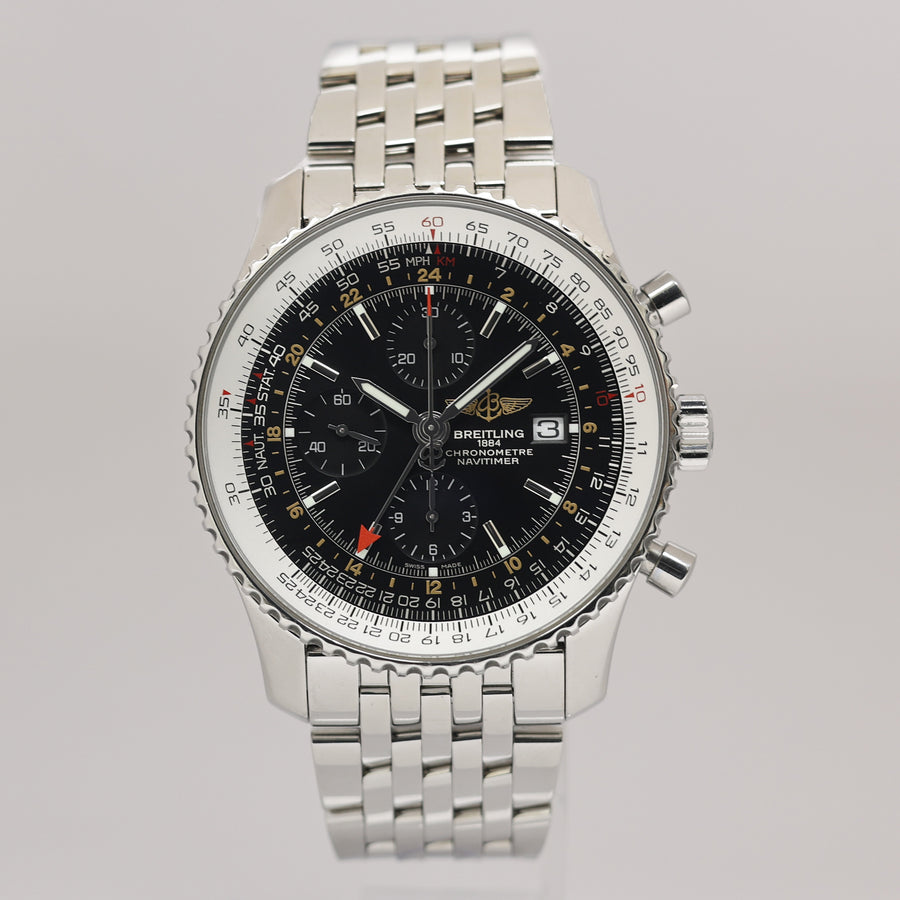 PAPERS Breitling Navitimer World A24322 46mm Black Steel Chrono GMT Watch Box