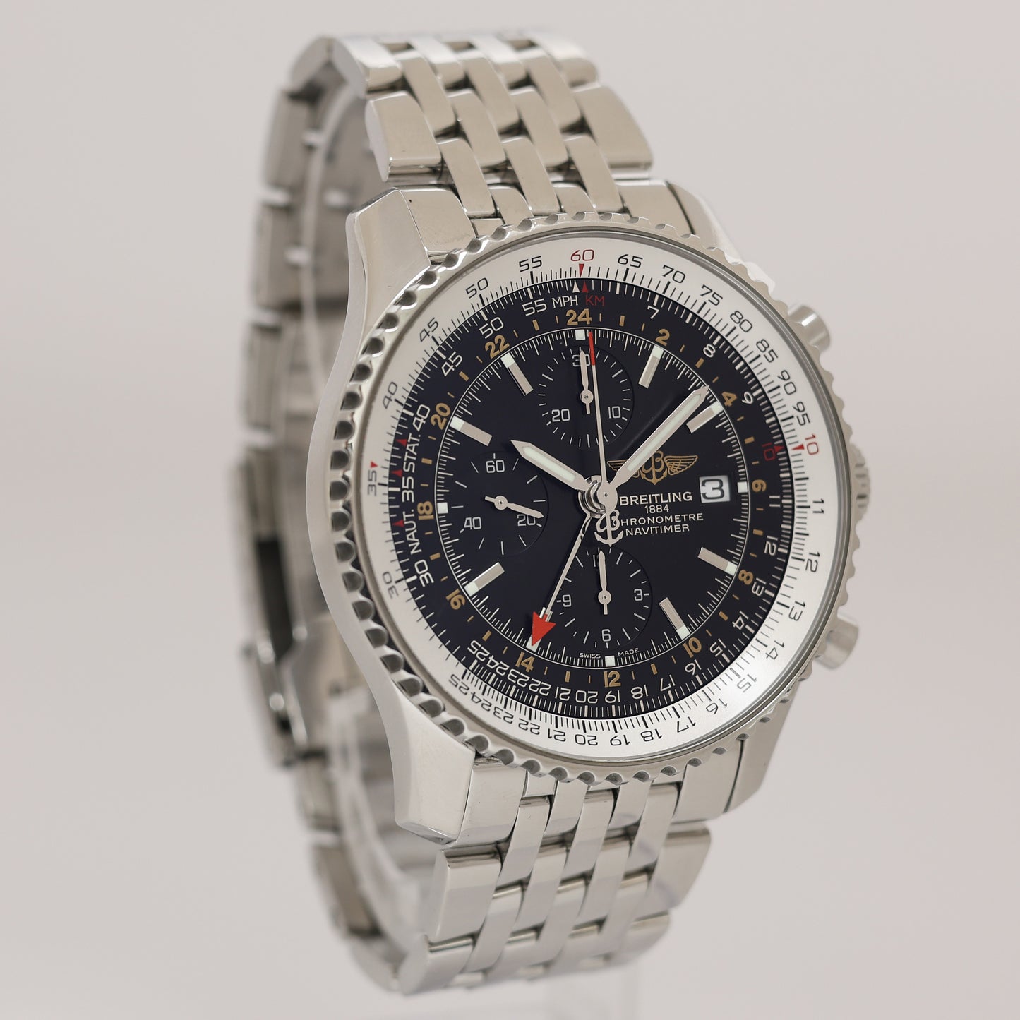 PAPERS Breitling Navitimer World A24322 46mm Black Steel Chrono GMT Watch Box