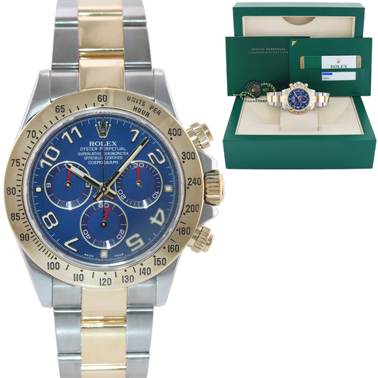 MINT PAPERS 2014 Rolex Daytona 116523 Blue Arabic Red Steel Yellow Gold Two Tone Watch