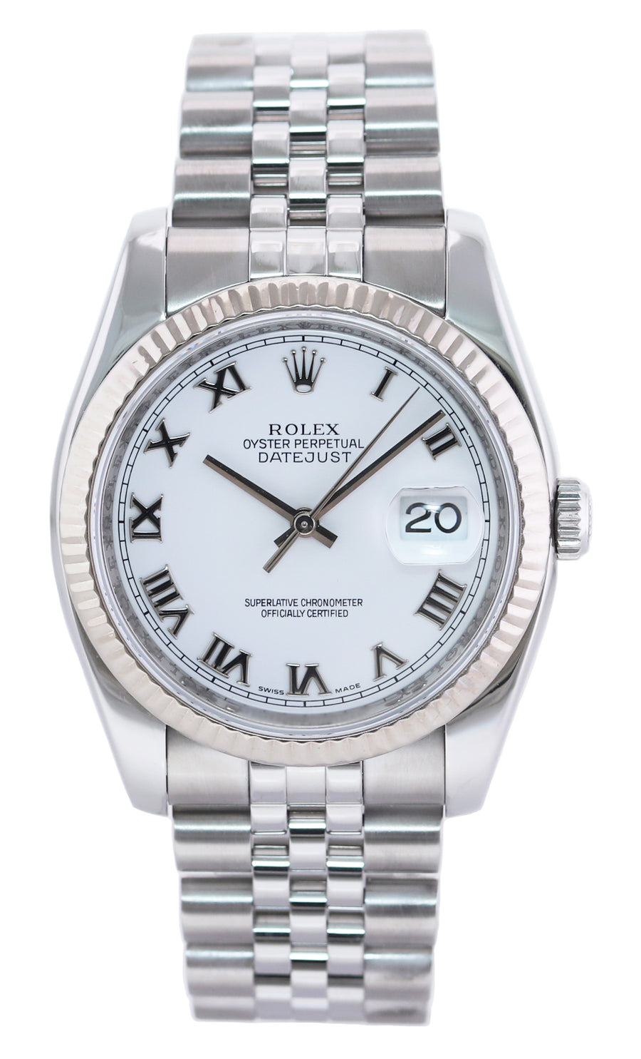 MINT 2010 Rolex 116234 DateJust 36mm White Roman Super Jubilee Watch Box