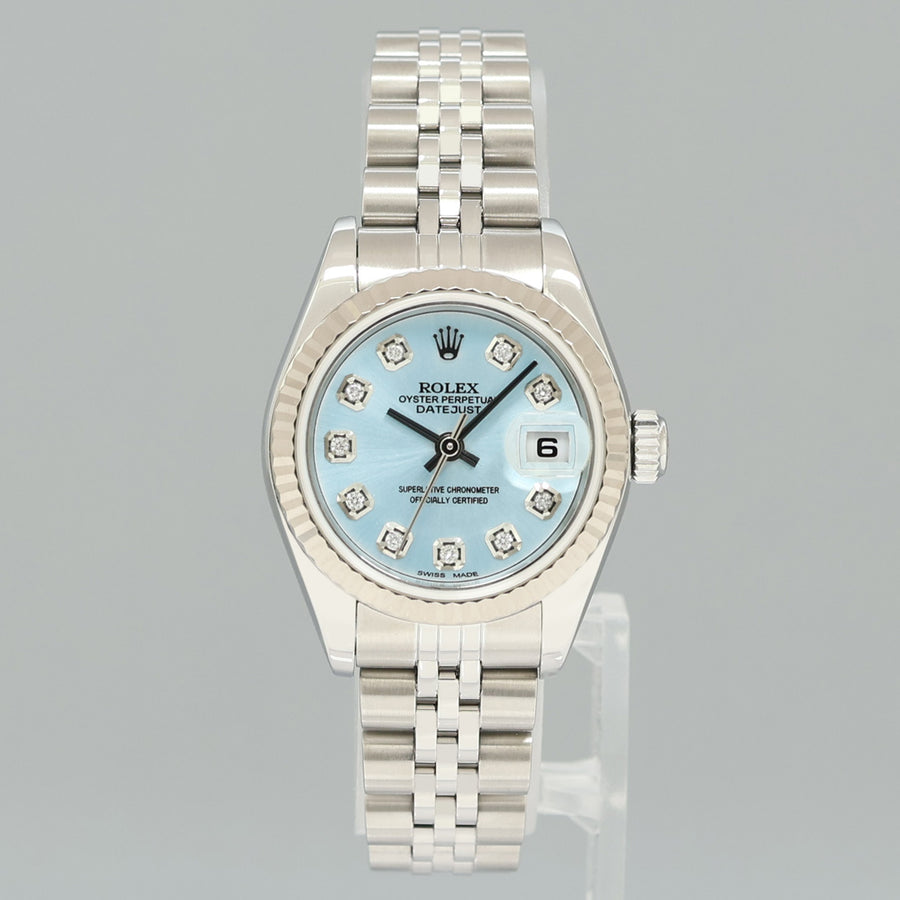 PAPERS Ladies Rolex 69174 DateJust 26mm Glacier Blue Diamond Fluted Bezel Jubilee Watch