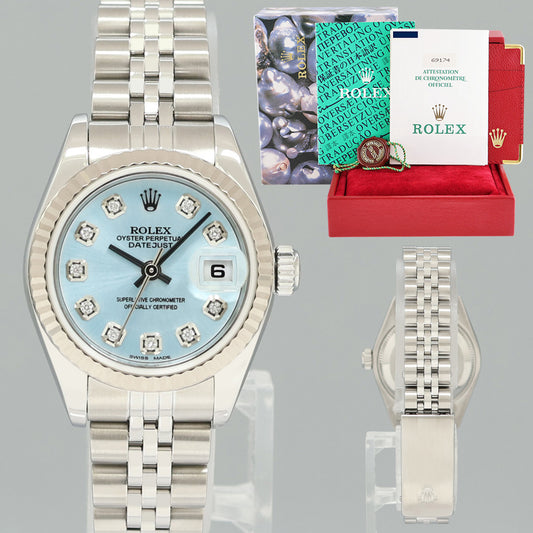PAPERS Ladies Rolex 69174 DateJust 26mm Glacier Blue Diamond Fluted Bezel Jubilee Watch