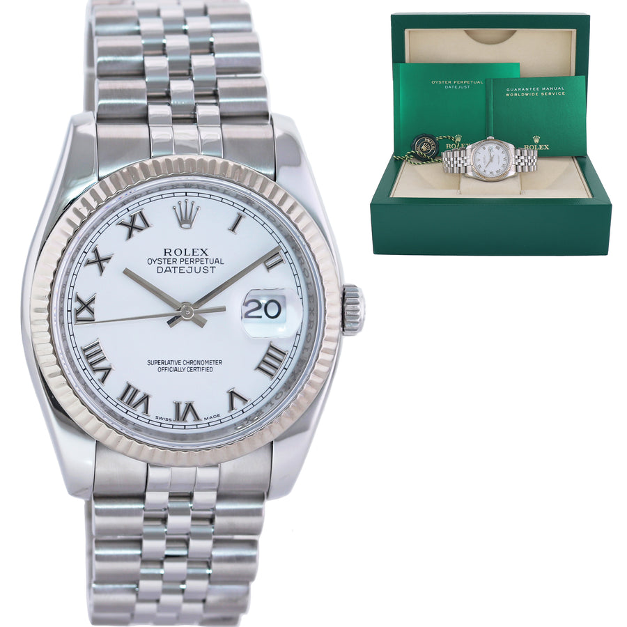 MINT 2010 Rolex 116234 DateJust 36mm White Roman Super Jubilee Watch Box