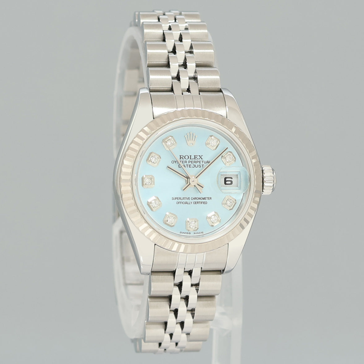 PAPERS Ladies Rolex 69174 DateJust 26mm Glacier Blue Diamond Fluted Bezel Jubilee Watch