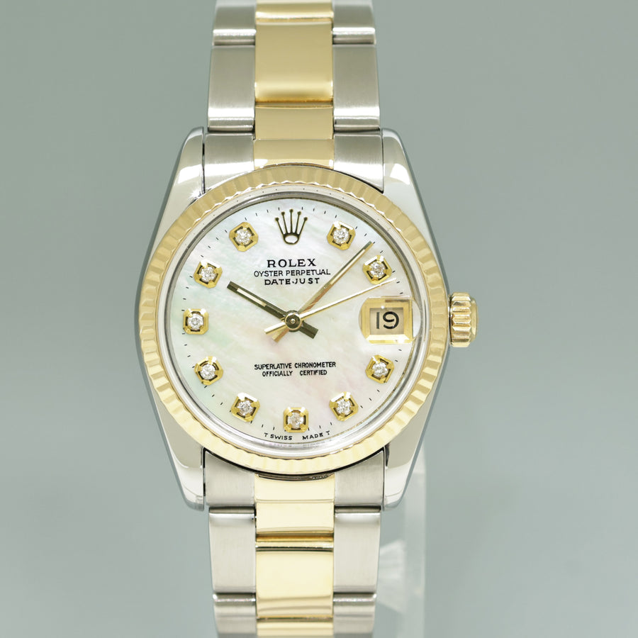 MINT Ladies Rolex 68273 Two Tone Yellow Gold Steel 31mm Pearl Diamond Oyster Watch