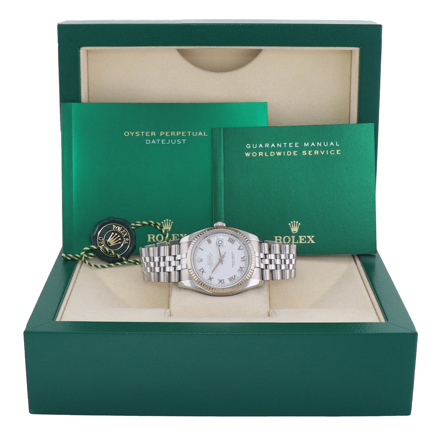 MINT 2010 Rolex 116234 DateJust 36mm White Roman Super Jubilee Watch Box