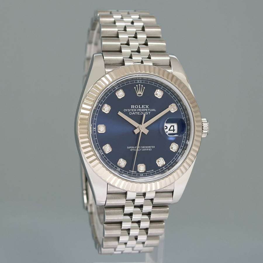 2024 NEW Rolex DateJust 41 Blue Diamond Jubilee White Gold Fluted 126334 Watch Box