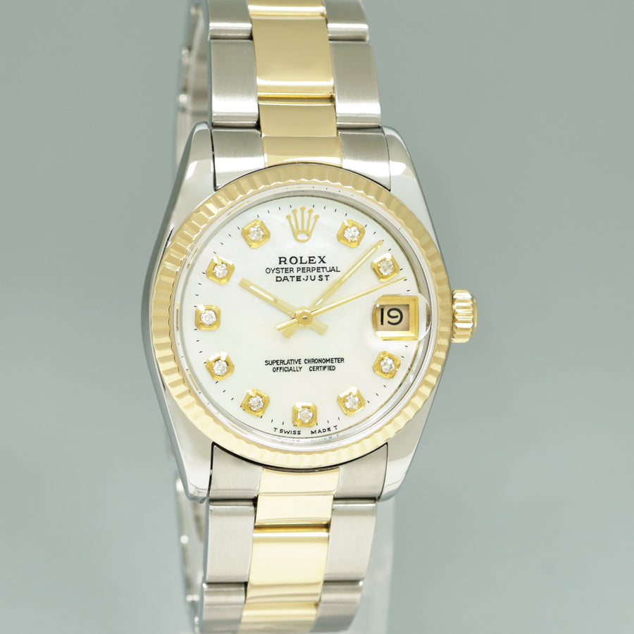 MINT Ladies Rolex 68273 Two Tone Yellow Gold Steel 31mm Pearl Diamond Oyster Watch