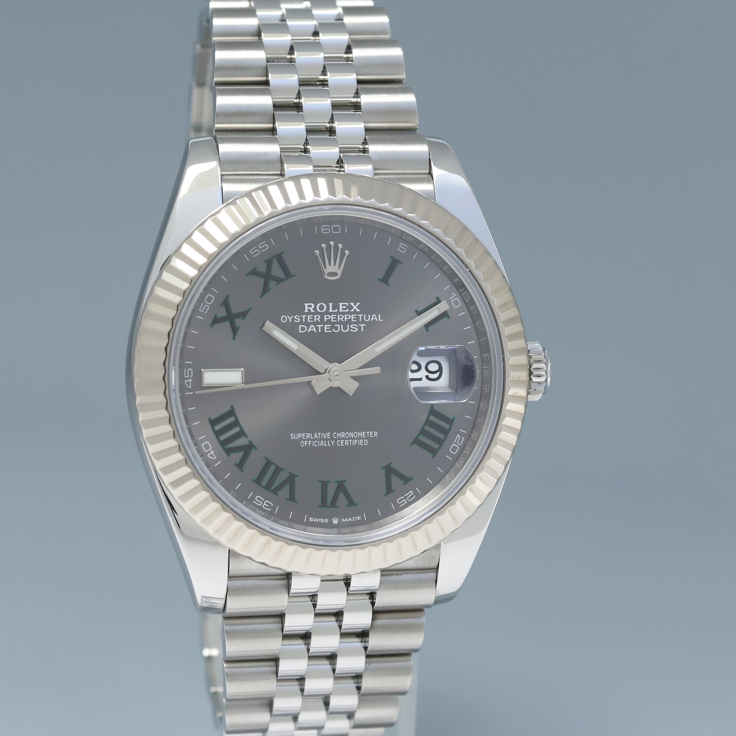 2023 Rolex DateJust 41 Wimbledon 41mm Slate Roman 126334 Steel Jubilee Fluted Watch