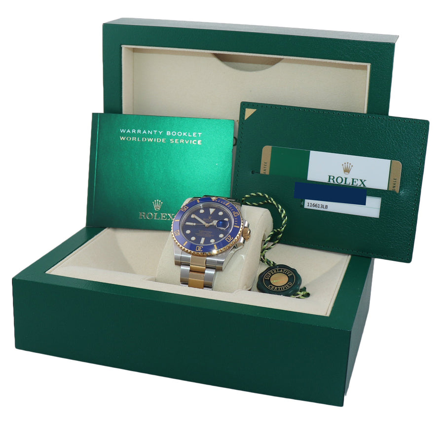 2015 MINT BOX PAPERS Rolex Submariner Blue Ceramic 116613 Two Tone Gold Watch