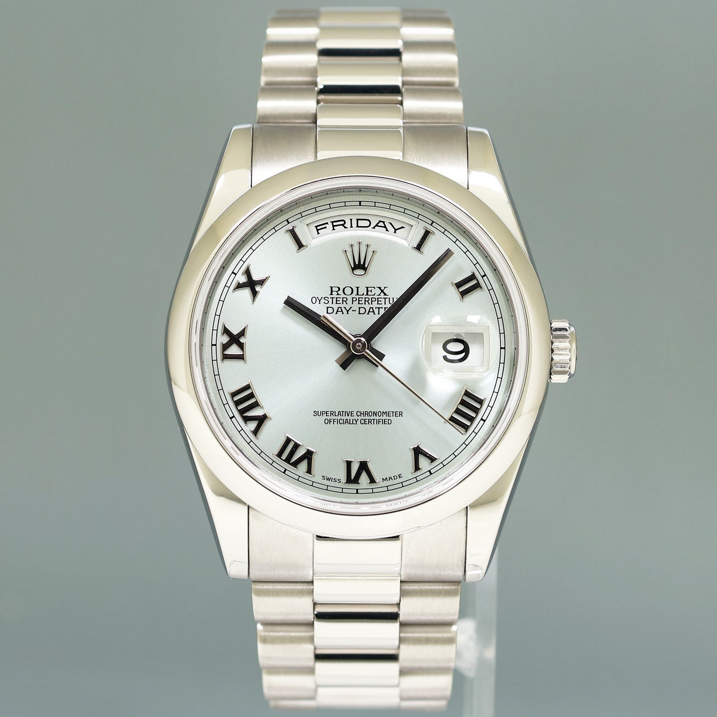 MINT 2004 PAPERS Rolex Platinum President 118206 Glacier Roman Day Date 36mm Watch