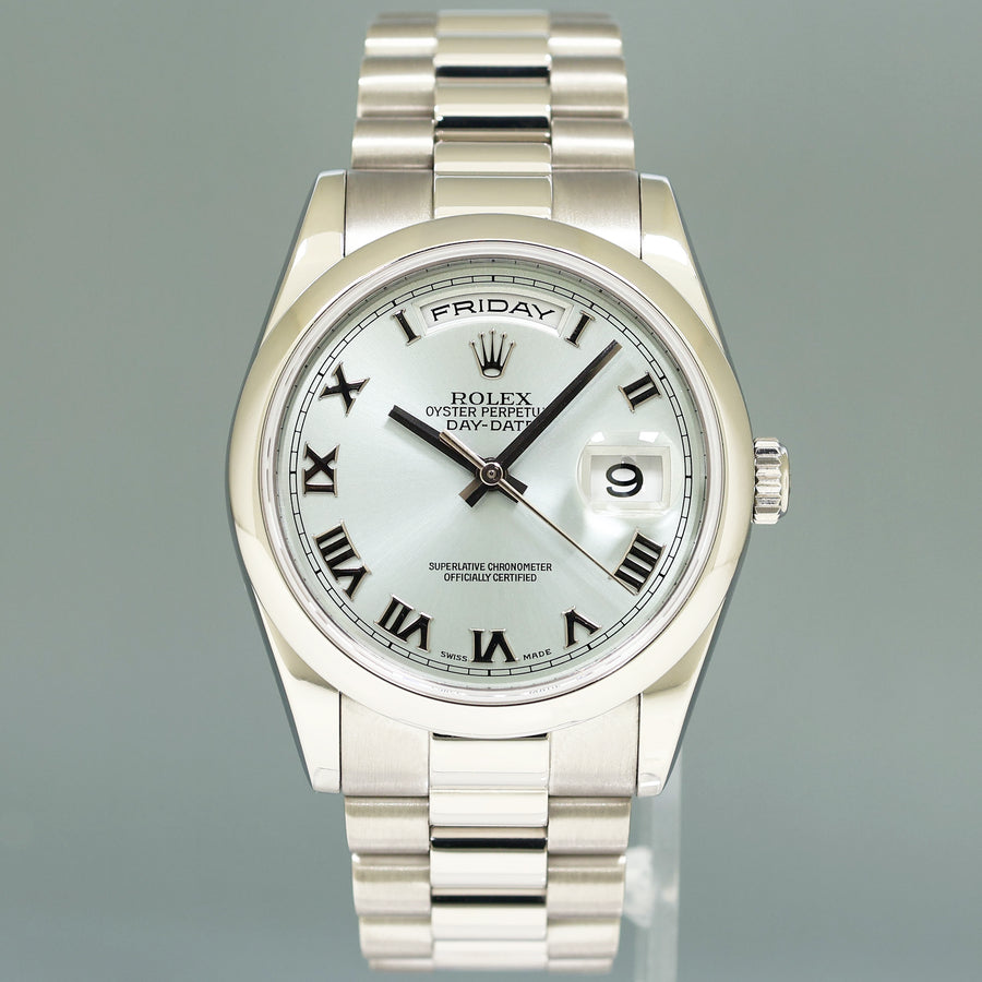 MINT 2004 PAPERS Rolex Platinum President 118206 Glacier Roman Day Date 36mm Watch