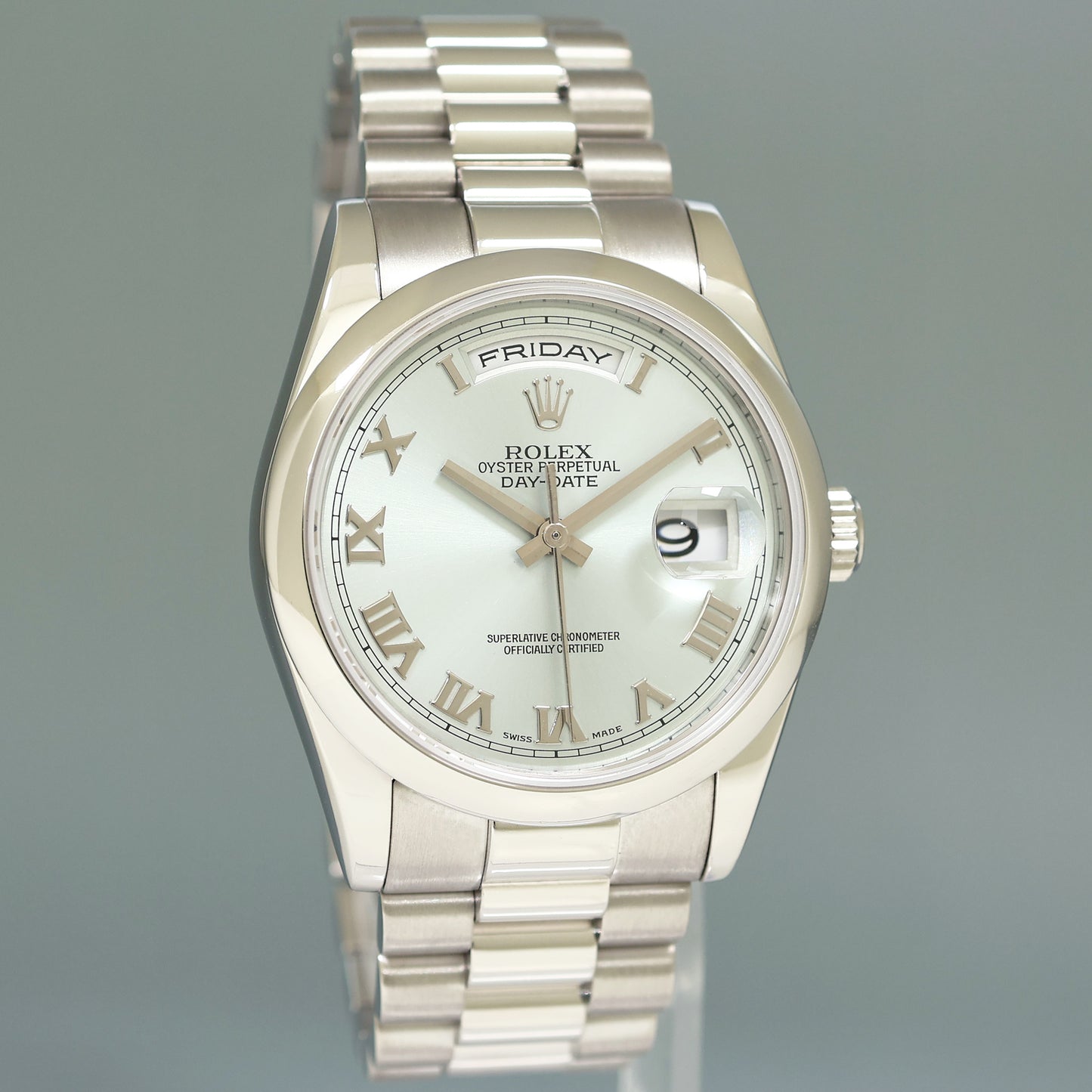 MINT 2004 PAPERS Rolex Platinum President 118206 Glacier Roman Day Date 36mm Watch