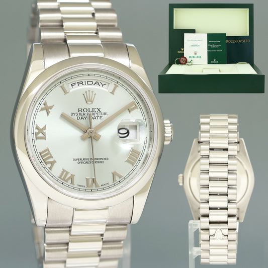 MINT 2004 PAPERS Rolex Platinum President 118206 Glacier Roman Day Date 36mm Watch