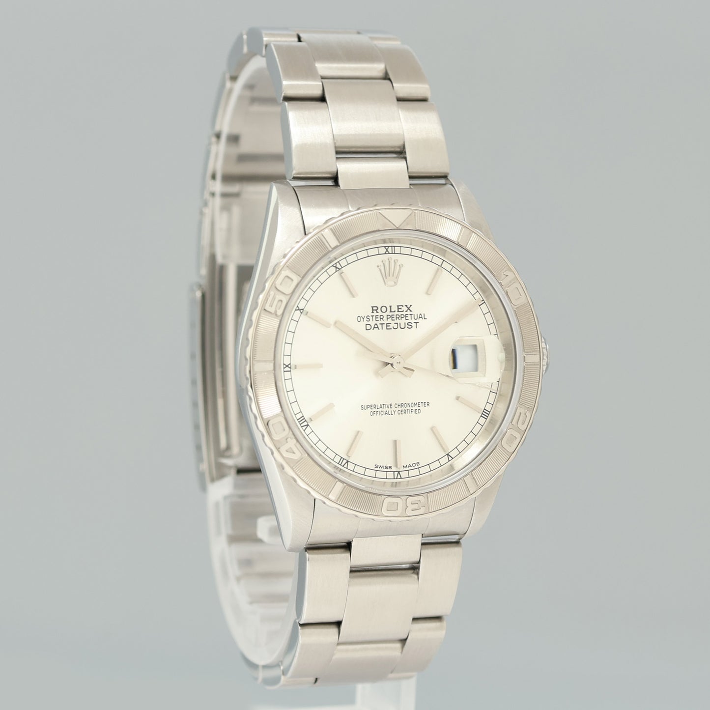 MINT Rolex DateJust 16264 Turn-O-Graph Silver Stick Oyster White Gold 36mm Watch Box