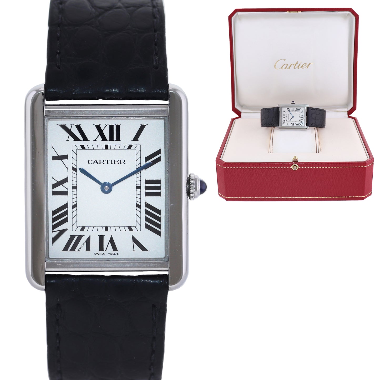 MINT Cartier Tank Solo W5200003 3169 34x27mm Steel White Roman Dial Quartz Watch Box