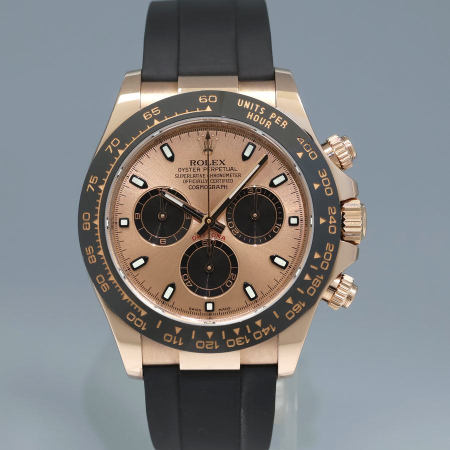 MINT 2021 Rolex Daytona Ceramic 116515LN Rose Gold Sundust Stick Oysterflex Watch