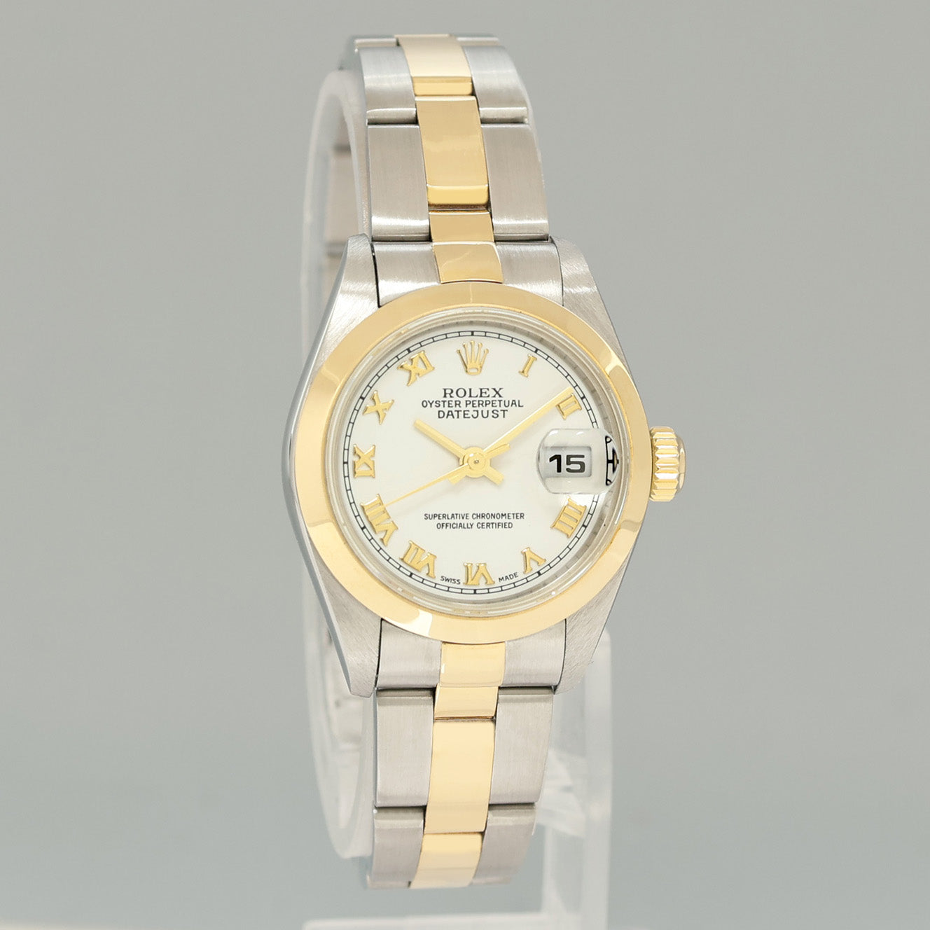 MINT Ladies Rolex DateJust 79163 White Roman Two-Tone Yellow Gold Oyster Watch Box