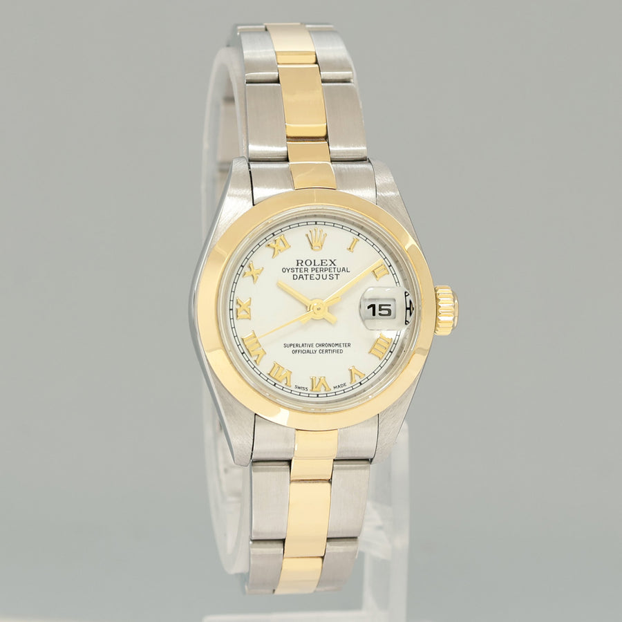 MINT Ladies Rolex DateJust 79163 White Roman Two-Tone Yellow Gold Oyster Watch Box