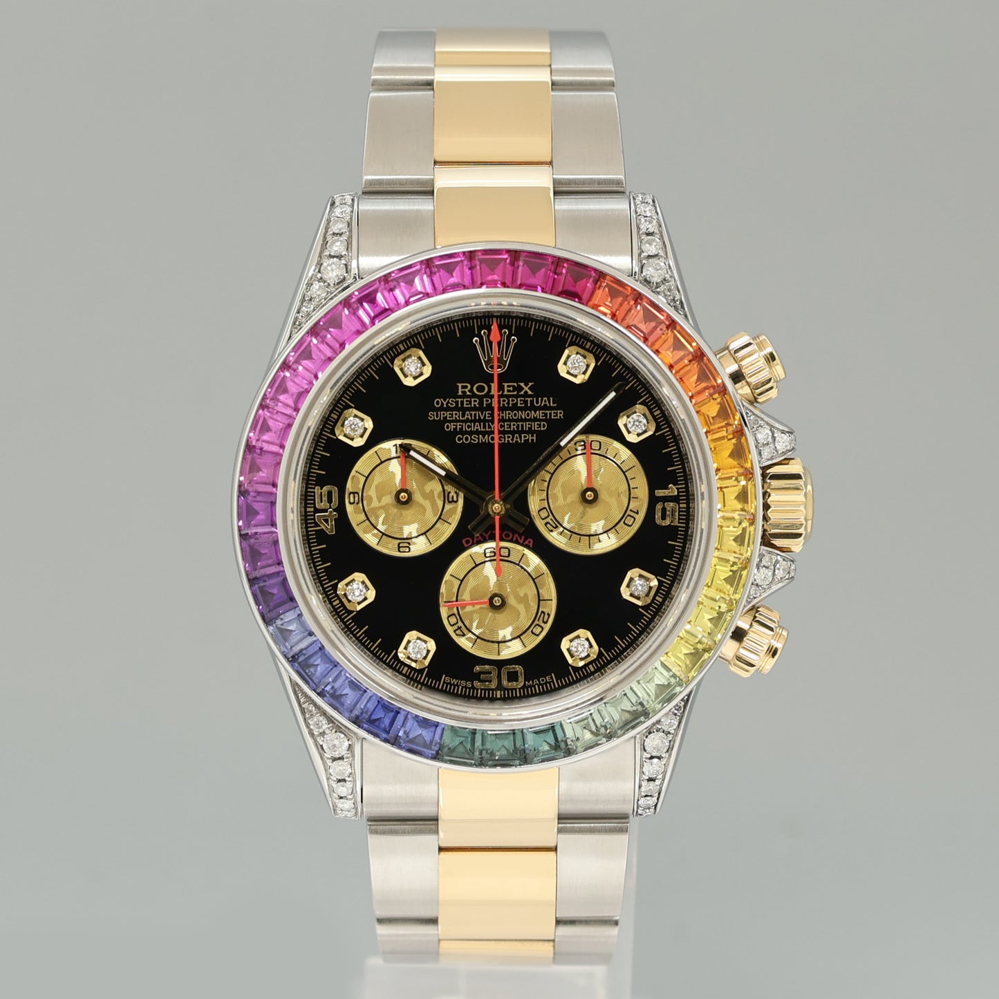 2009 Rolex Daytona 116523 Rainbow Diamond Yellow Gold Steel Sapphire 40mm Watch