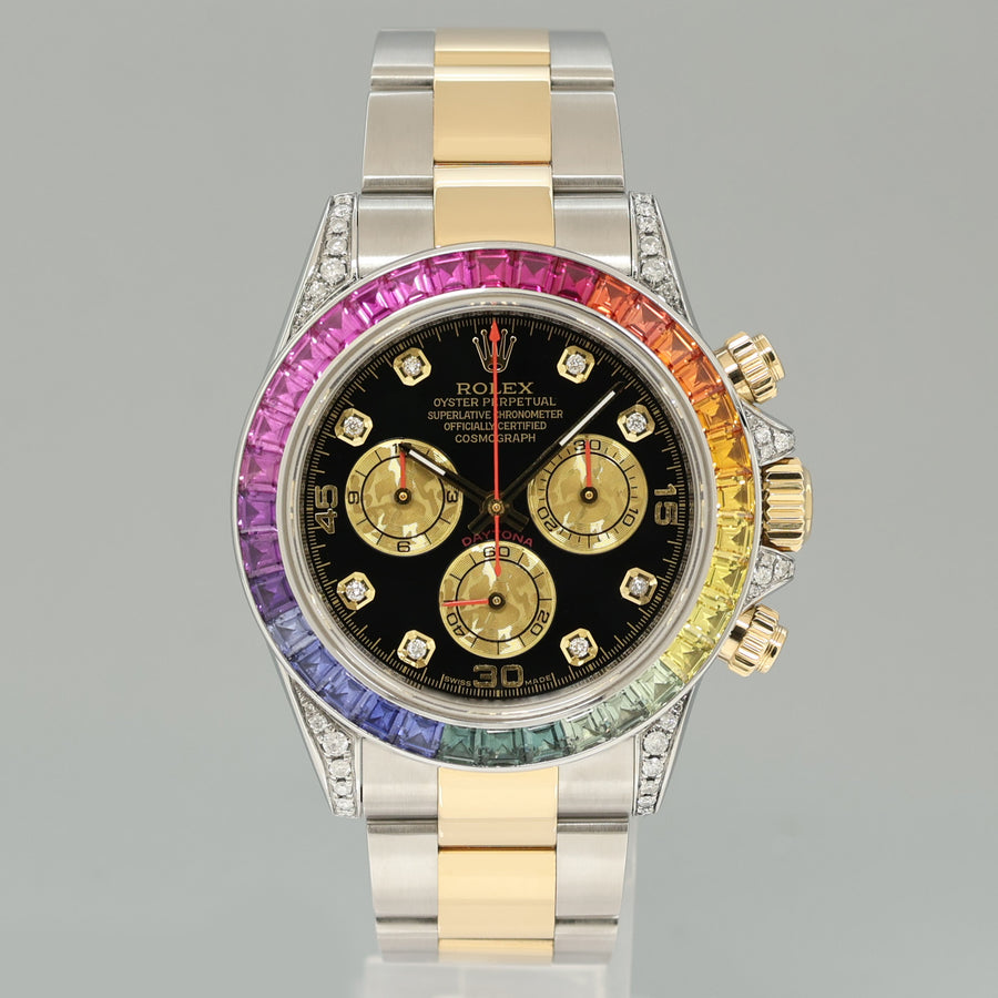 2009 Rolex Daytona 116523 Rainbow Diamond Yellow Gold Steel Sapphire 40mm Watch