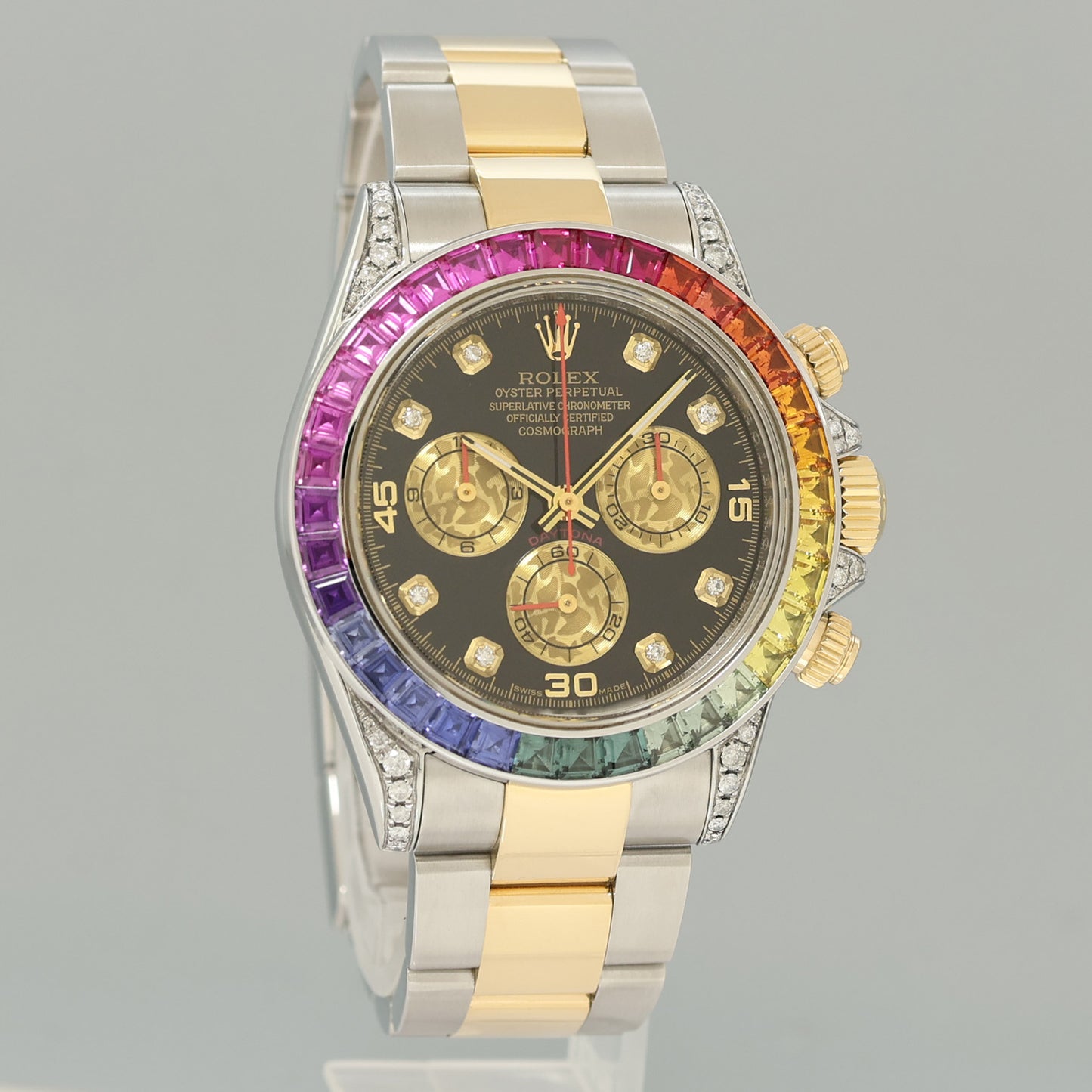 2009 Rolex Daytona 116523 Rainbow Diamond Yellow Gold Steel Sapphire 40mm Watch