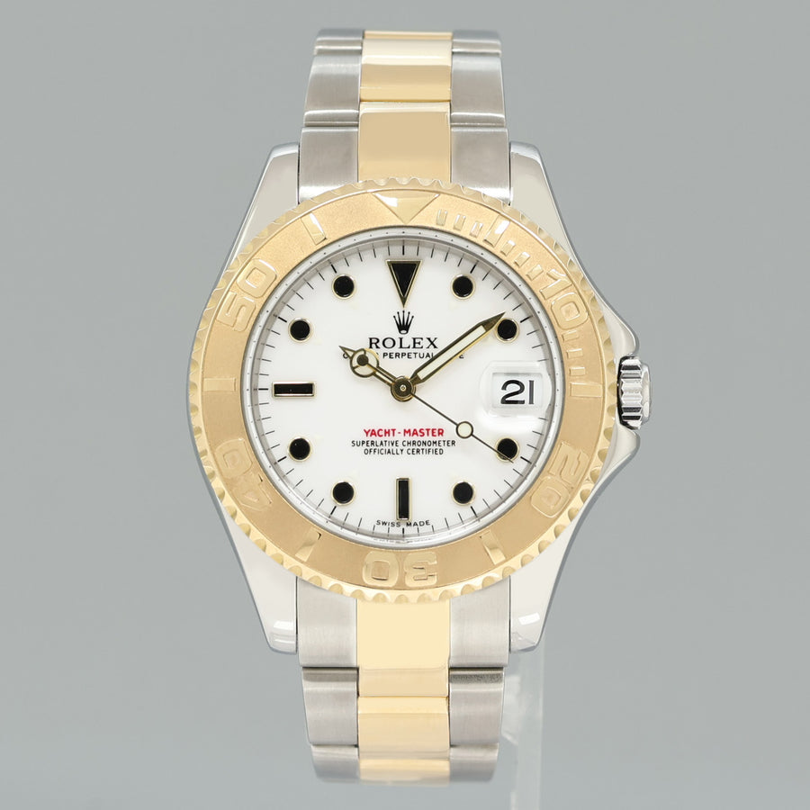 MINT Ladies Rolex Yacht-Master 168623 35mm Yellow Gold Two Tone White Watch Box