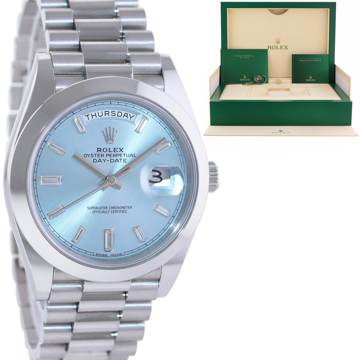 MINT 2019 Rolex Platinum President Day Date Blue Baguette Diamond 228206 Watch Box