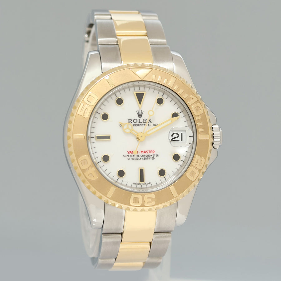 MINT Ladies Rolex Yacht-Master 168623 35mm Yellow Gold Two Tone White Watch Box