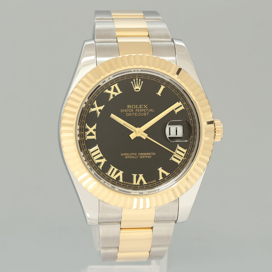 PAPERS MINT Rolex Datejust 2 Black Roman 116333 Two-Tone Yellow Gold Oyster Watch