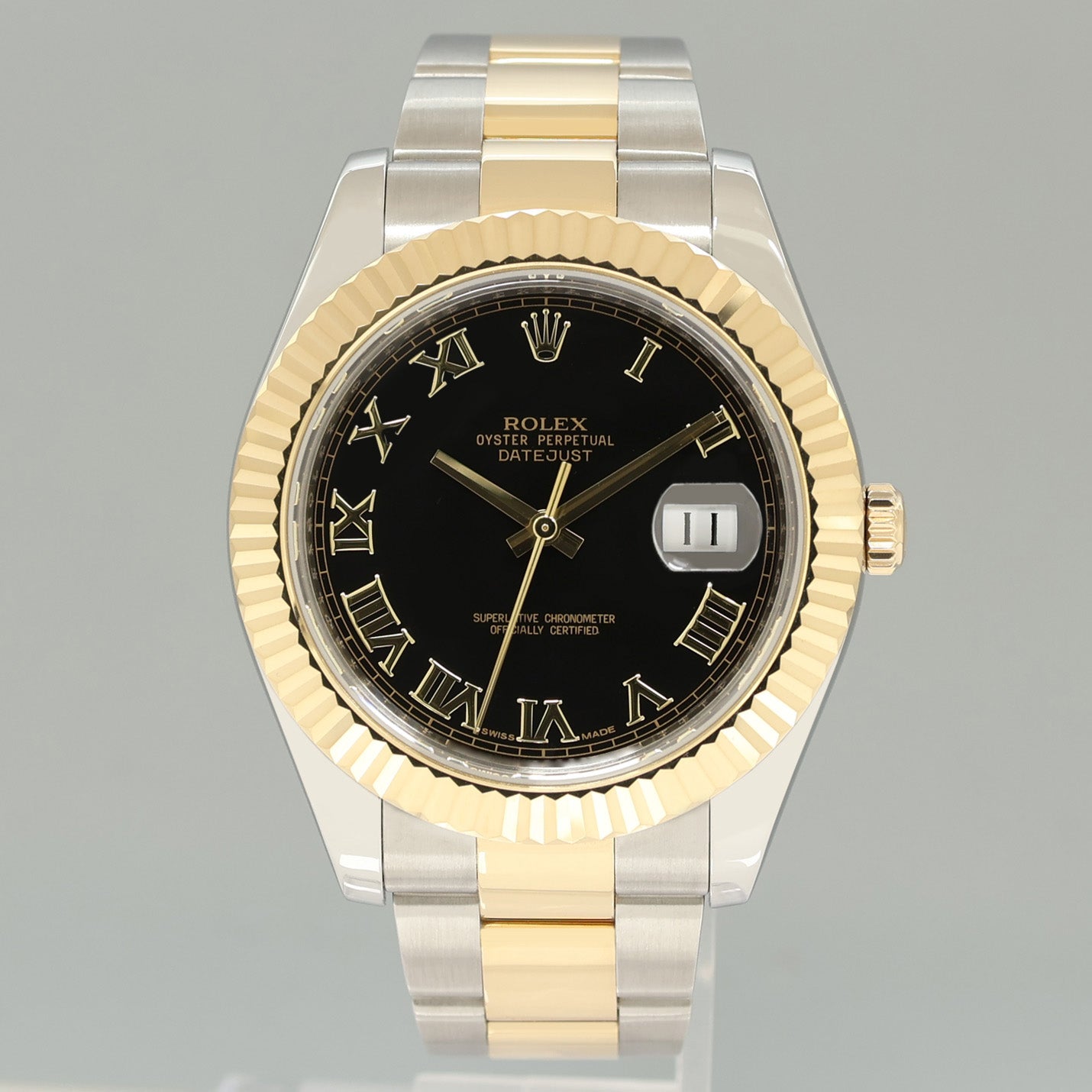 PAPERS MINT Rolex Datejust 2 Black Roman 116333 Two-Tone Yellow Gold Oyster Watch