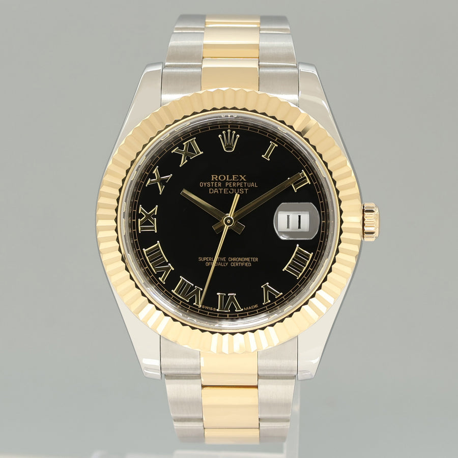 PAPERS MINT Rolex Datejust 2 Black Roman 116333 Two-Tone Yellow Gold Oyster Watch