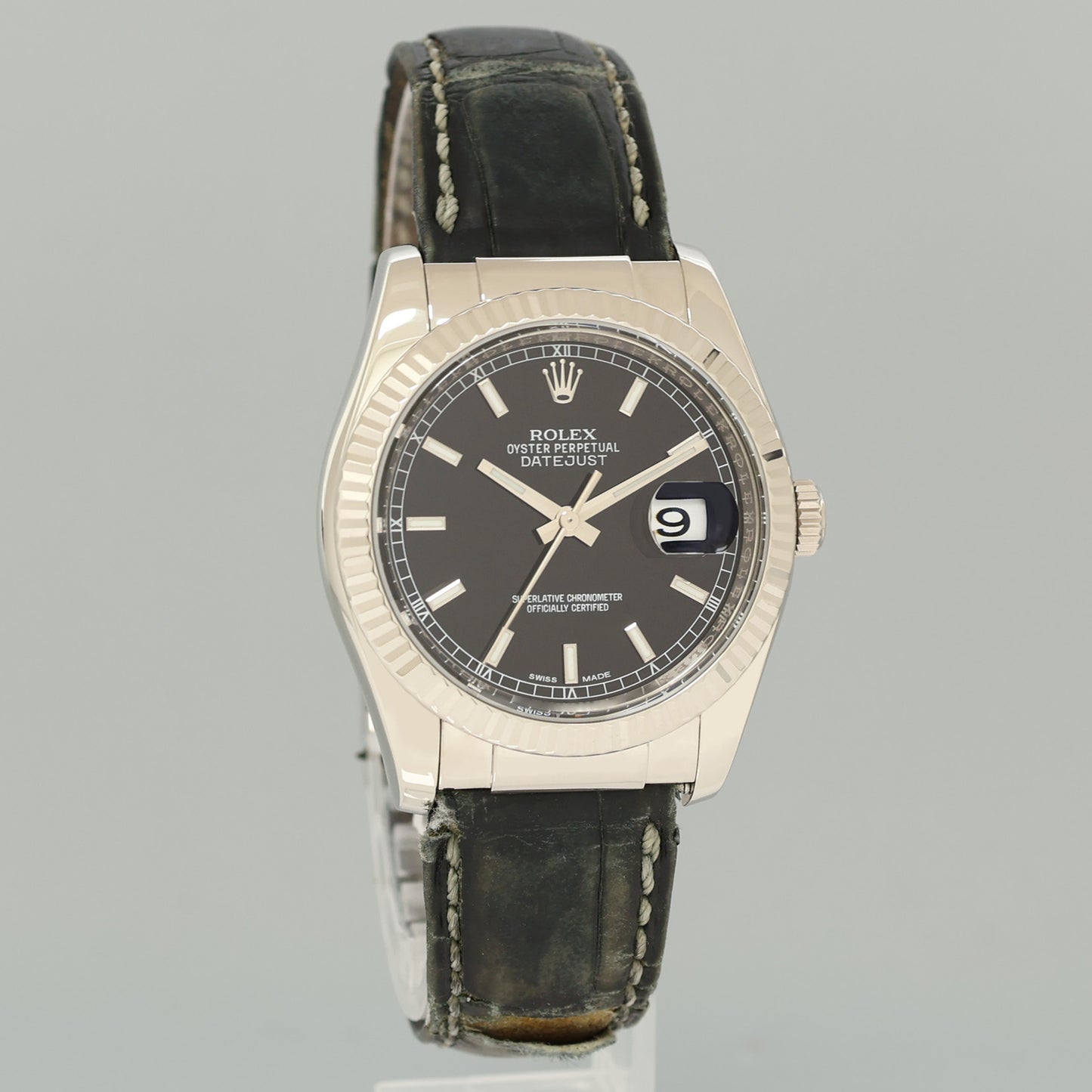 PAPERS MINT Rolex DateJust 116139 Leather White Gold Black Dial Watch Box