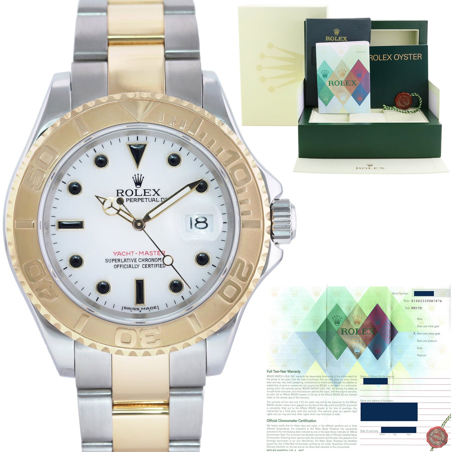 PAPERS MINT 2007 Rolex Yacht-Master 16623 White Sapphire Two Tone Yellow Gold Watch