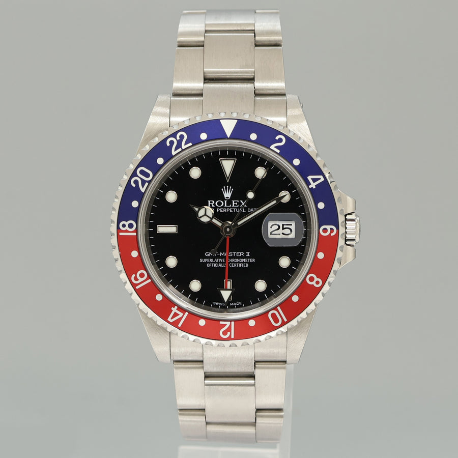 2002 MINT PAPERS Rolex GMT-Master II 2 Pepsi Blue Red Steel 16710BLRO 40mm Watch