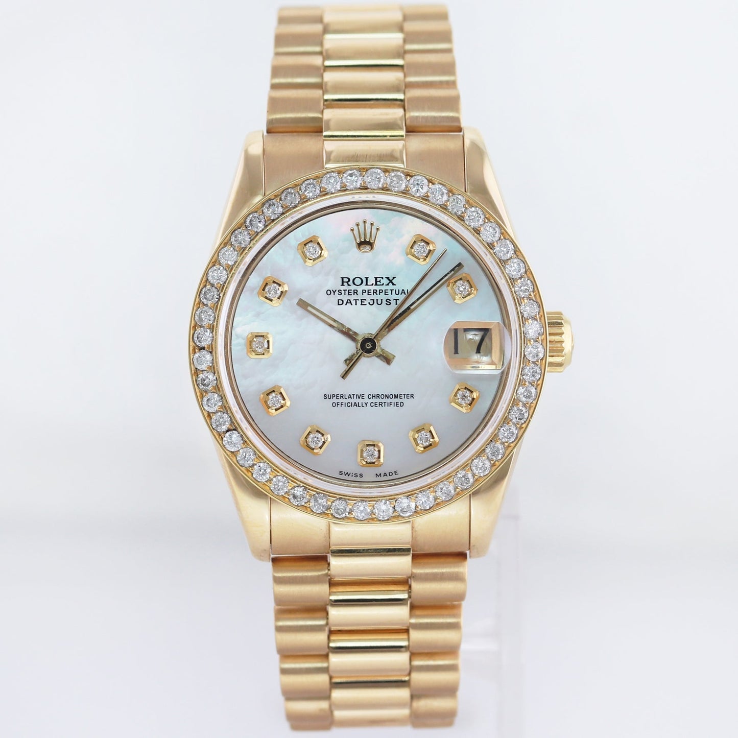 Ladies Rolex 68278 18k Yellow Gold 31mm Mother of Pearl Midsize Diamond Bezel Watch