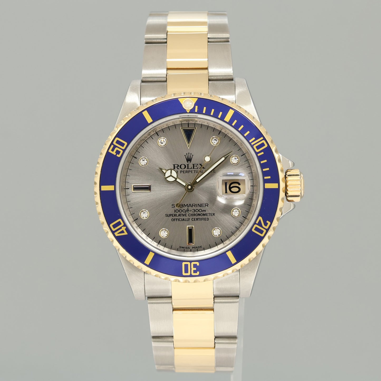2008 PAPERS Rolex Submariner 16613 Two Tone Yellow Gold Silver Serti Diamond Watch