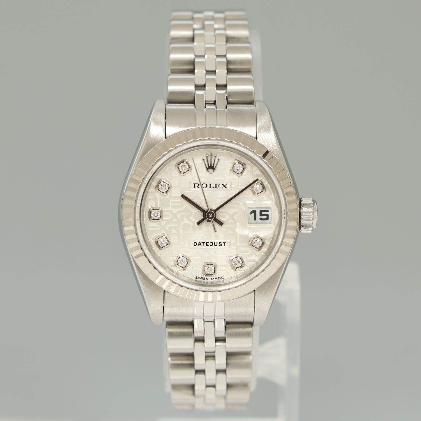 MINT Ladies Rolex 79174 DateJust 26mm Silver Diamond Fluted Bezel Jubilee Watch Box