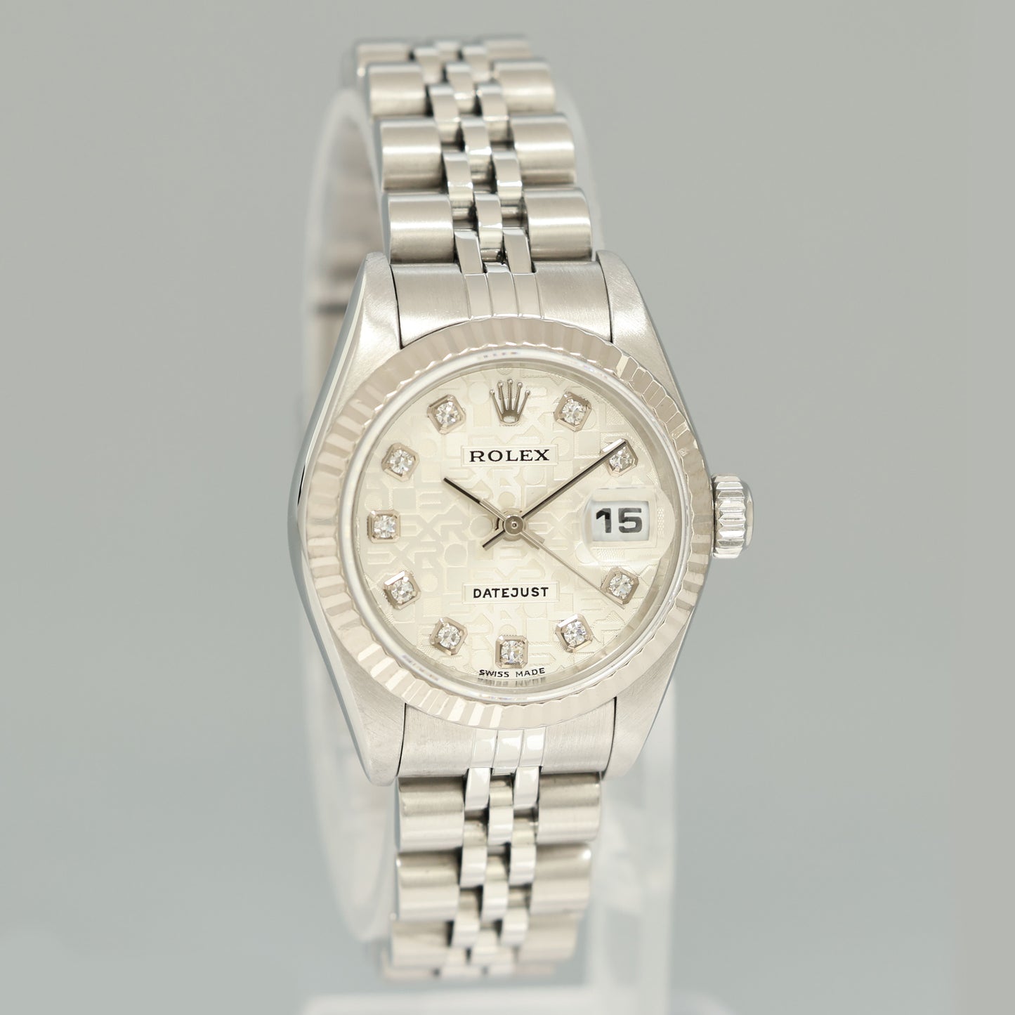 MINT Ladies Rolex 79174 DateJust 26mm Silver Diamond Fluted Bezel Jubilee Watch Box