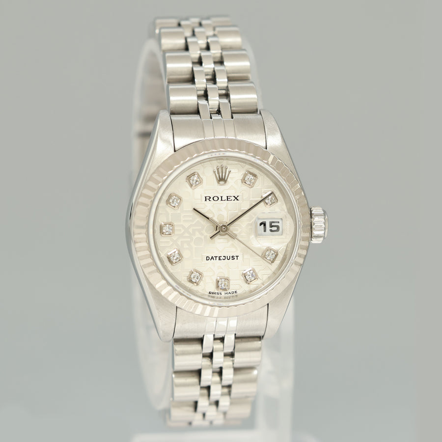 MINT Ladies Rolex 79174 DateJust 26mm Silver Diamond Fluted Bezel Jubilee Watch Box