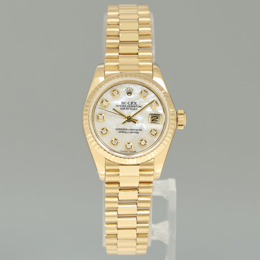 Ladies Rolex DateJust Mother of Pearl Diamond President 26mm 6917 Yellow Gold Watch Box