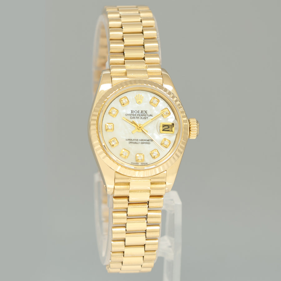 Ladies Rolex DateJust Mother of Pearl Diamond President 26mm 6917 Yellow Gold Watch Box