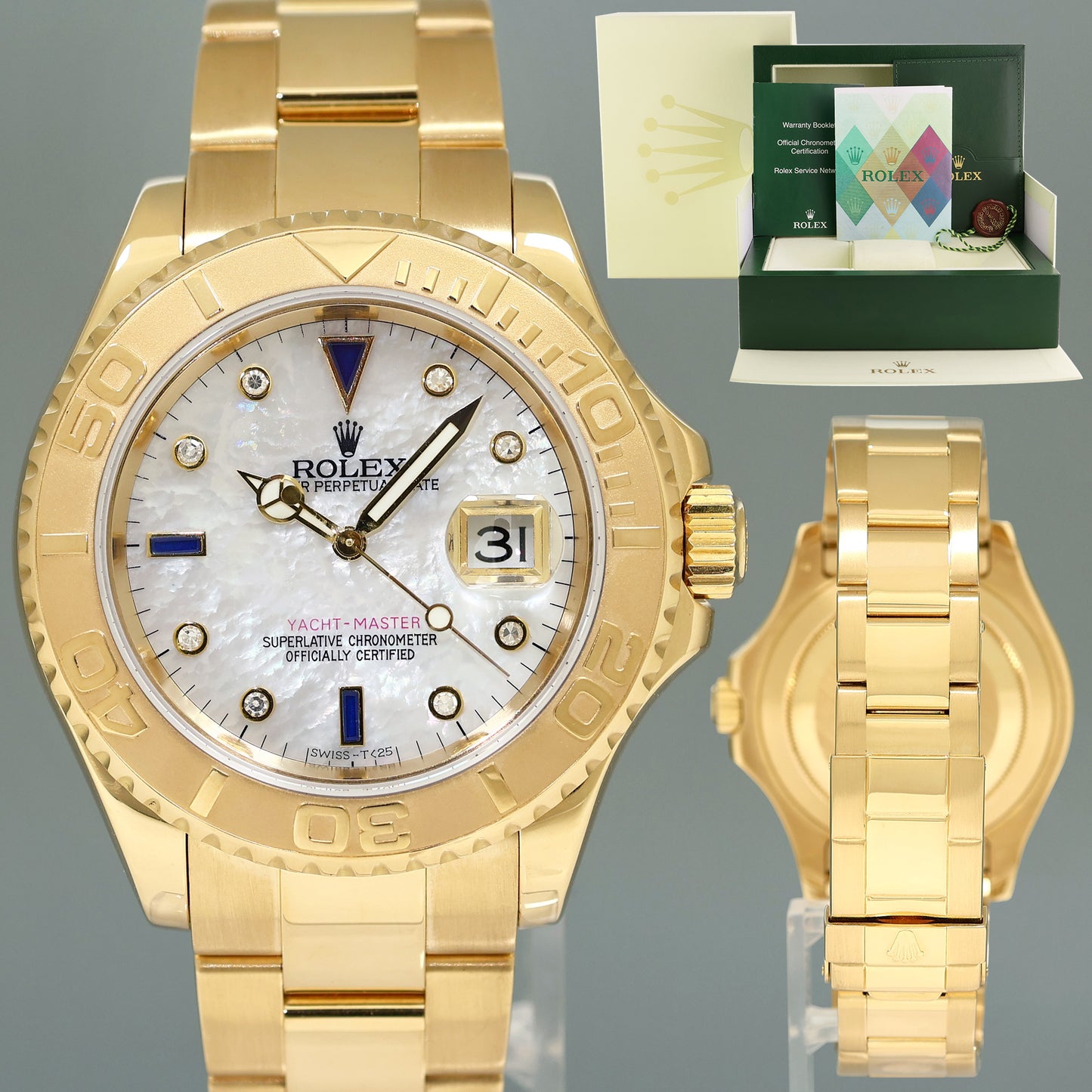 2006 MINT PAPERS Rolex Yacht-Master Yellow Gold 16628 Mother of Pearl Diamond Watch