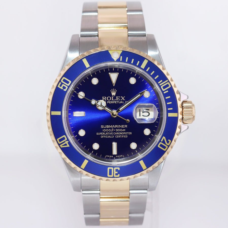 2005 Rolex Submariner 16613 Gold Steel Two Tone Gold Buckle Sunburst Blue Watch