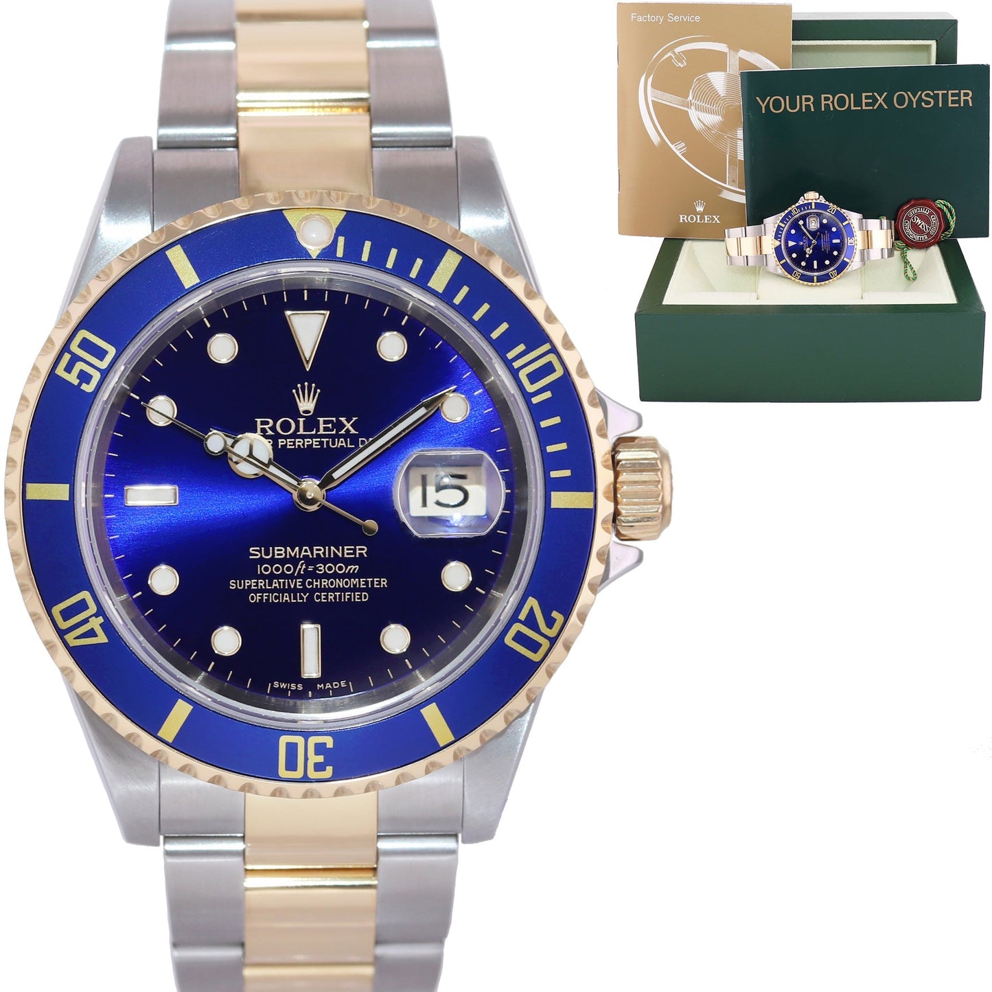 MINT 2004 Rolex Submariner 16613 Gold Steel Two Tone Gold Buckle Sunburst Blue Watch