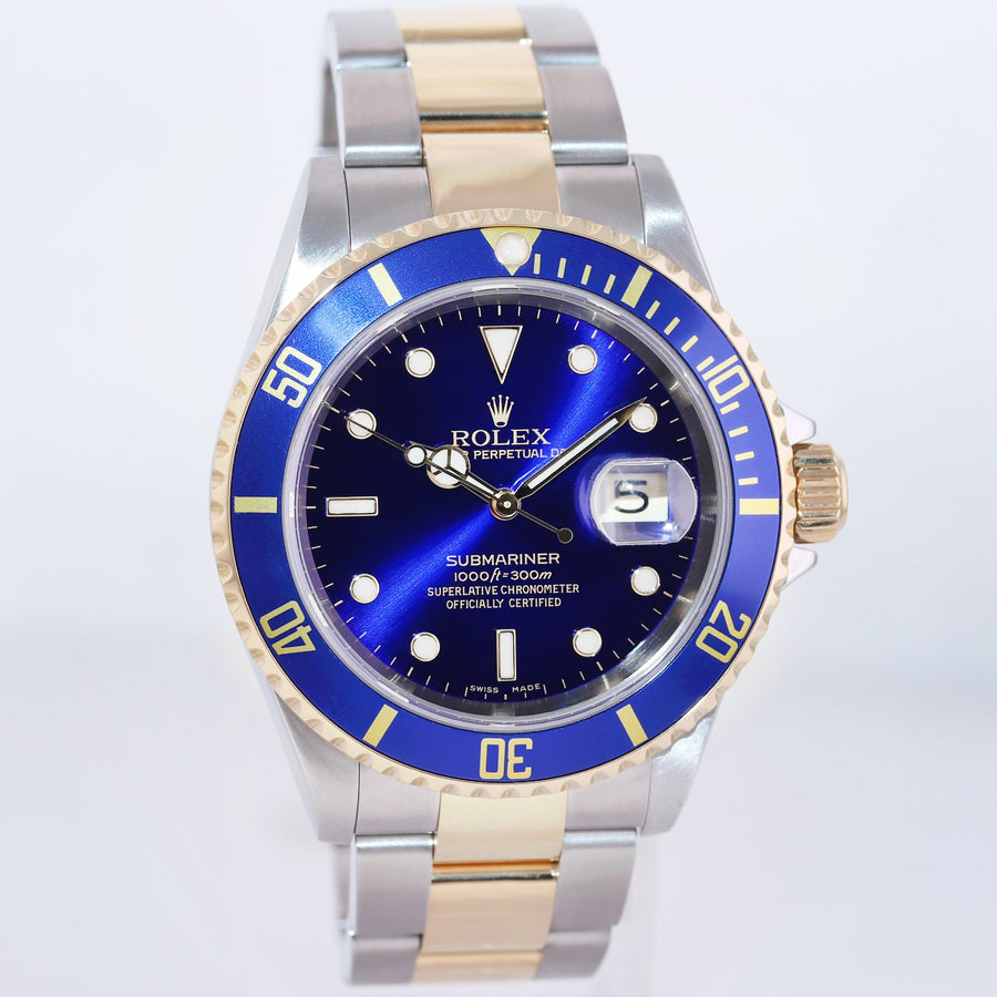 2005 Rolex Submariner 16613 Gold Steel Two Tone Gold Buckle Sunburst Blue Watch